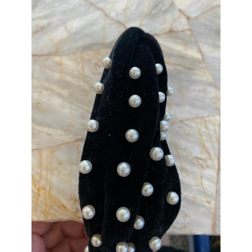 Black Velvet Faux Pearl Top Knot Headband Wide Statement Hair Accessory